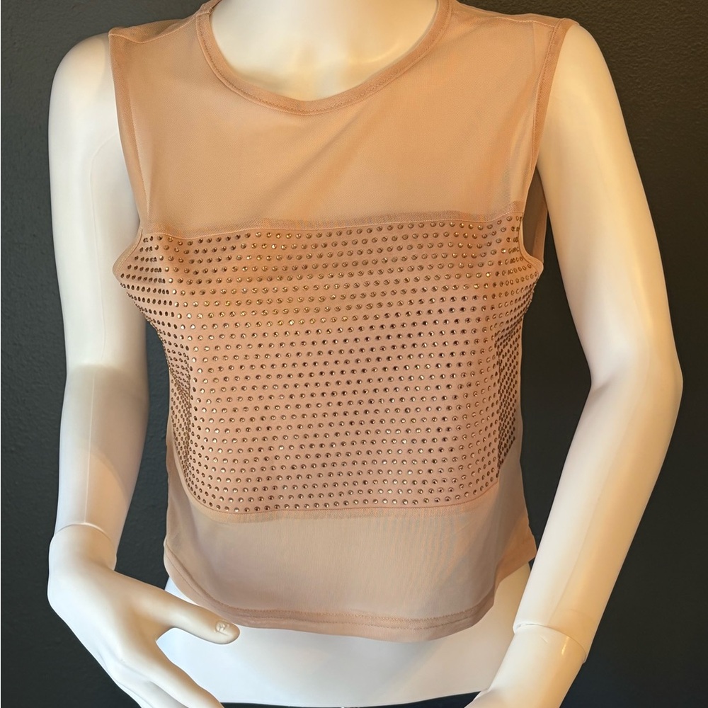 Sheer Tan Sleeveless Rhinestone Embellished Top Sz Large